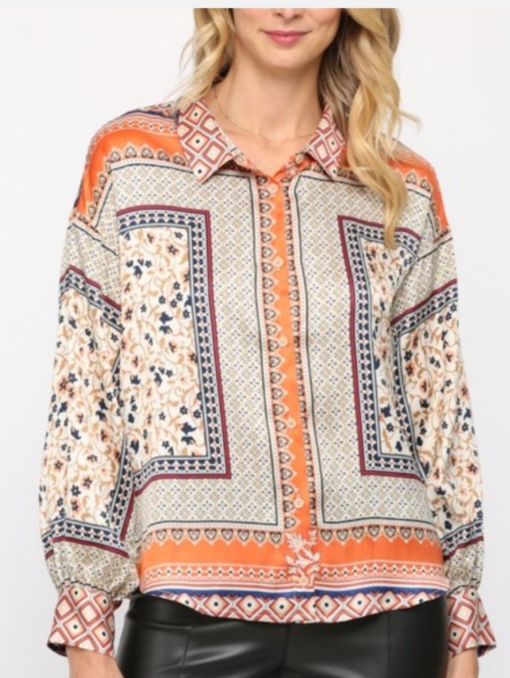 Fate Orange and Cream Printed Button-Down Shirt Geomtric Pattern